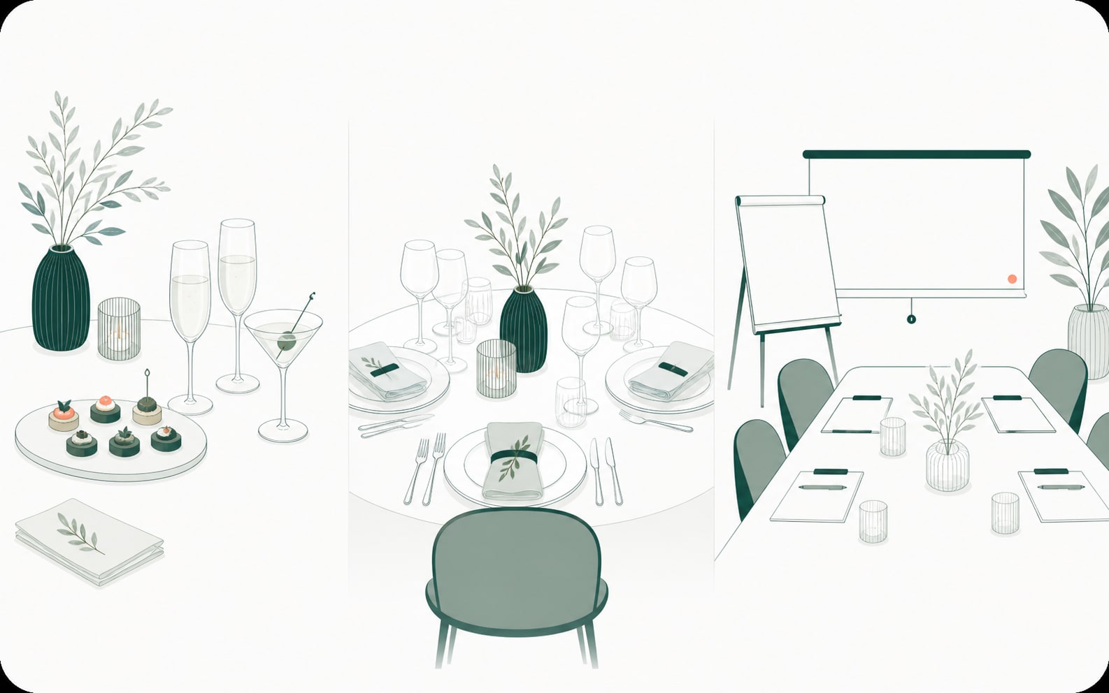 Illustration of several formats of private events at the restaurant