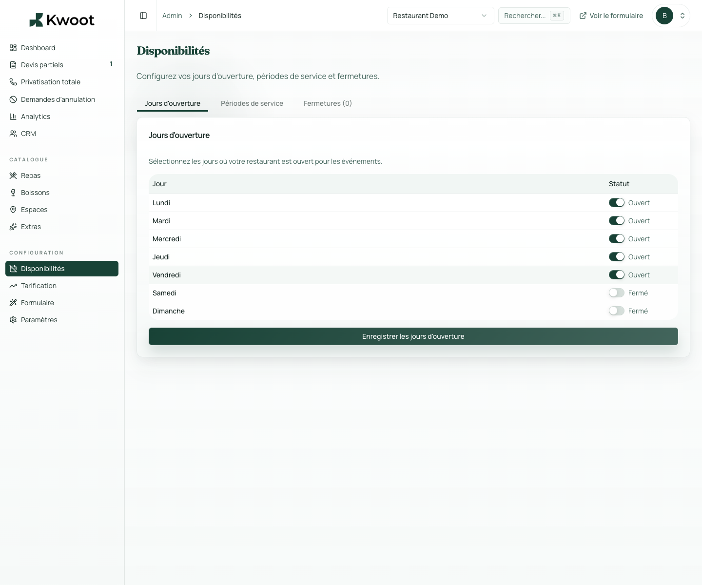 Availability calendar in Kwoot