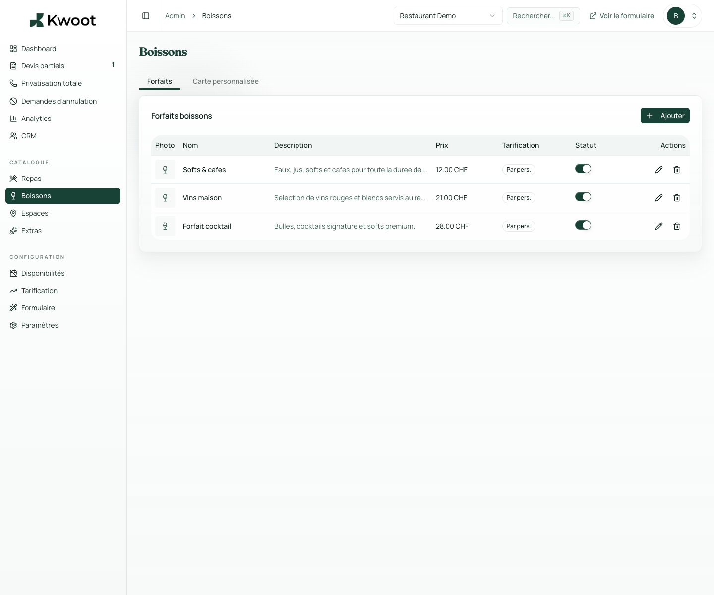Beverage admin view in Kwoot