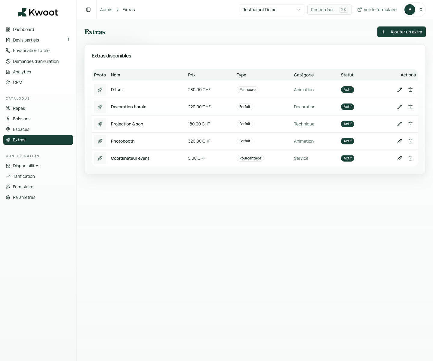 Managing event extras in Kwoot admin