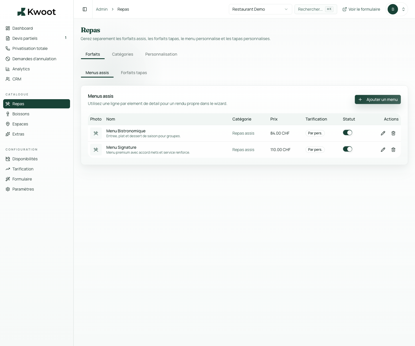 Managing event menus in Kwoot admin