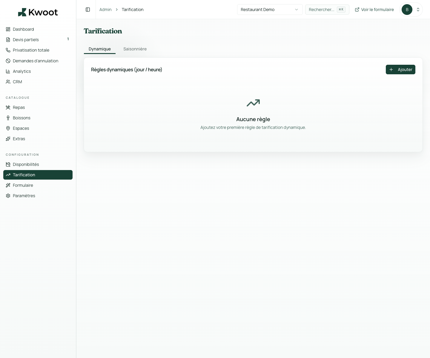 Kwoot screen for configuring pricing rules for private event