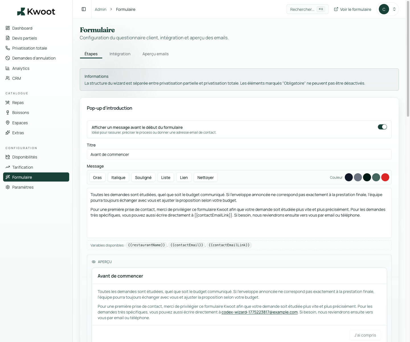 Intro popup configured in Kwoot admin