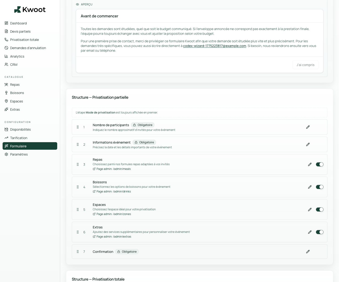 Configuring quote wizard steps in Kwoot admin